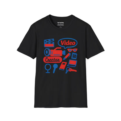 Video Creator T-Shirt with Tools in a Flat Lay Design