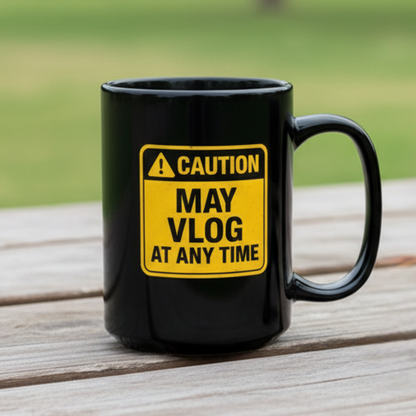 Caution: May Vlog - Funny 15 oz Black Mug for Vloggers and Content Creators
