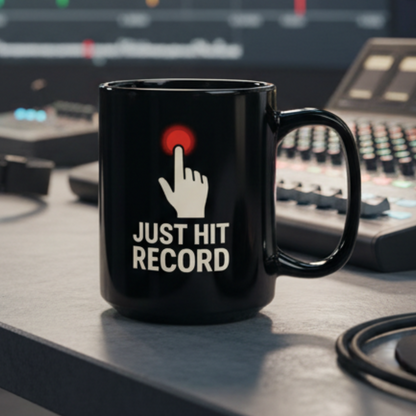 Just Hit Record Mug – 15oz Black Coffee Mug for Content Creators & Podcasters