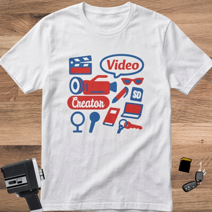 Video Creator T-Shirt with Tools in a Flat Lay Design