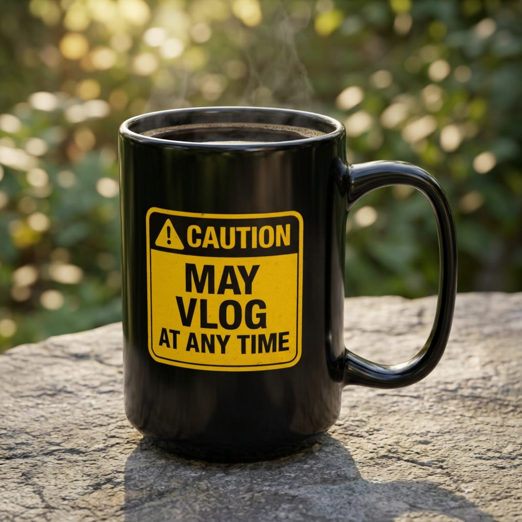 Caution: May Vlog - Funny 15 oz Black Mug for Vloggers and Content Creators