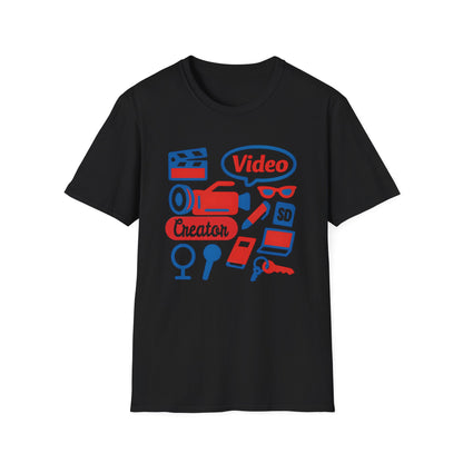 Video Creator T-Shirt with Tools in a Flat Lay Design