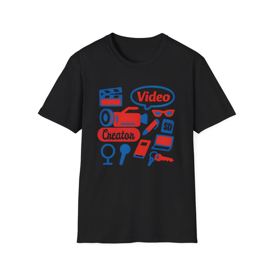Video Creator T-Shirt with Tools in a Flat Lay Design
