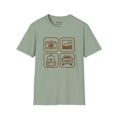 Photography Travel Icons T-Shirt - Adventure Inspired Tee for Travel enthusiasts and Photographers